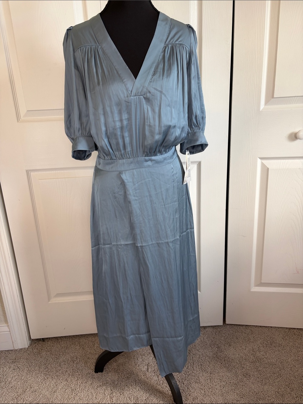 Zadig Voltaire Blue Ralia Satin V-Neck Midi Dress 3/4 Sleeves S NWT Cottagecore